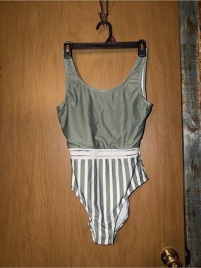 SHEIN Sage Green & White Striped One-Piece